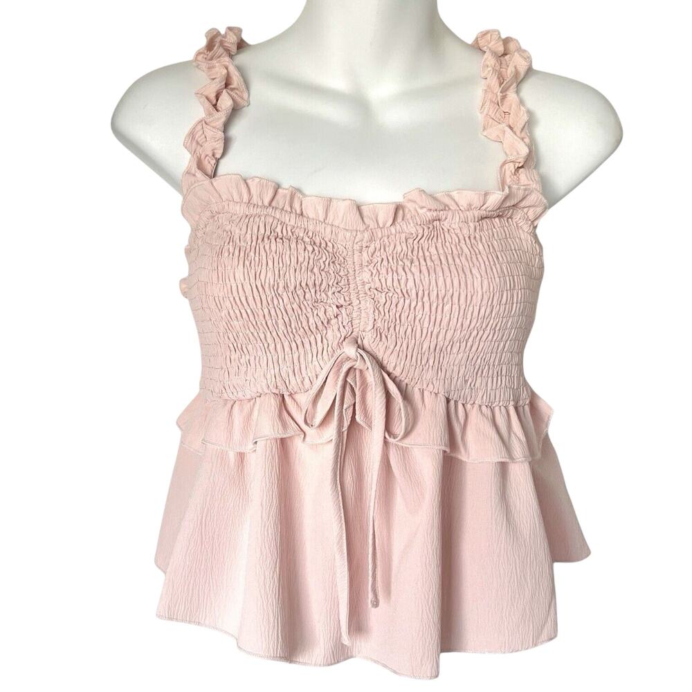 NEW Womens Pink Smocked Babydoll Top Large‎ Coquette Peplum Prairiecore Milkmaid